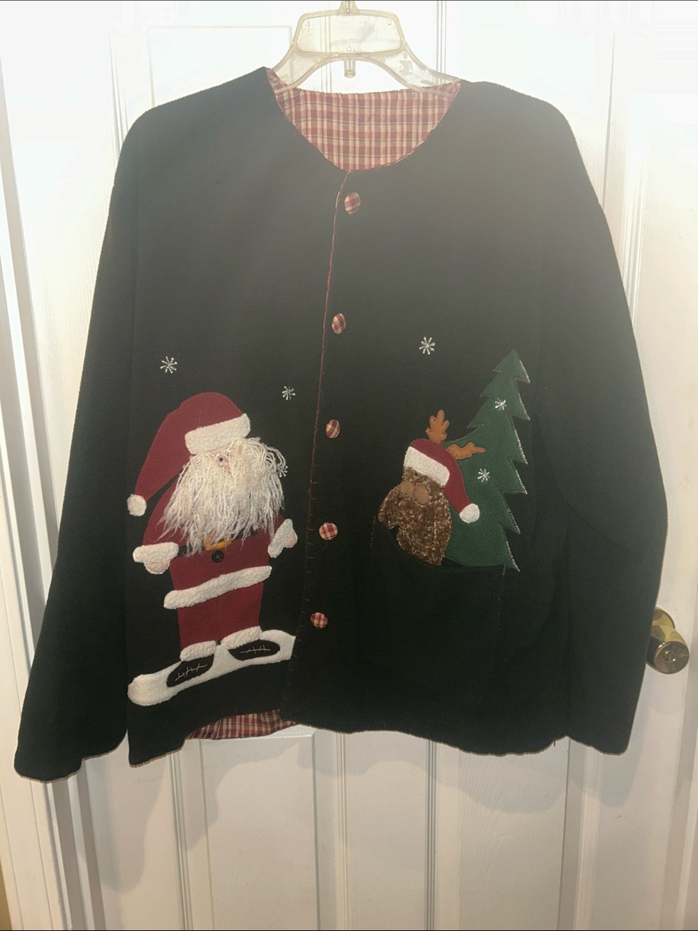 Vintage Black Holiday Button-Front Cardigan with Santa & Tree Appliqués